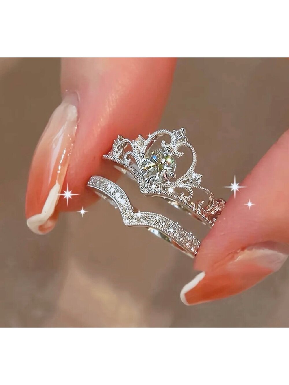 New - Elegant Crown Princess-Inspired Rhinestone Ring Set - OS